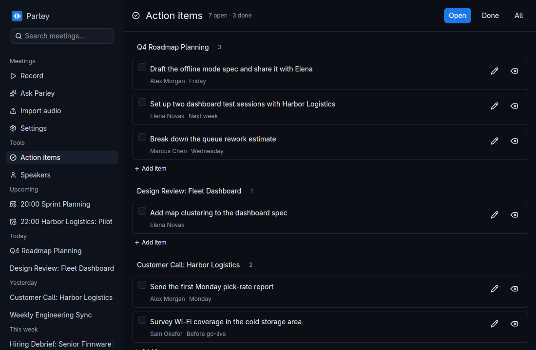 The Action items page listing open and completed tasks with owners and due dates