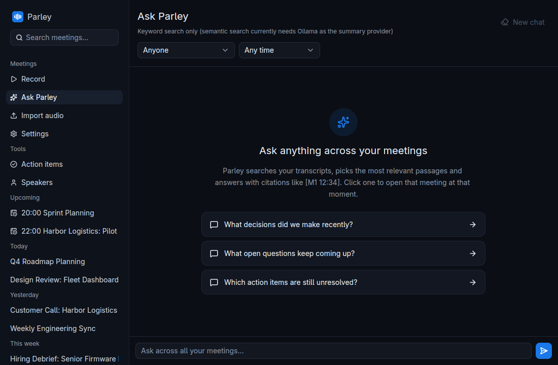 The Ask Parley page with suggested questions
