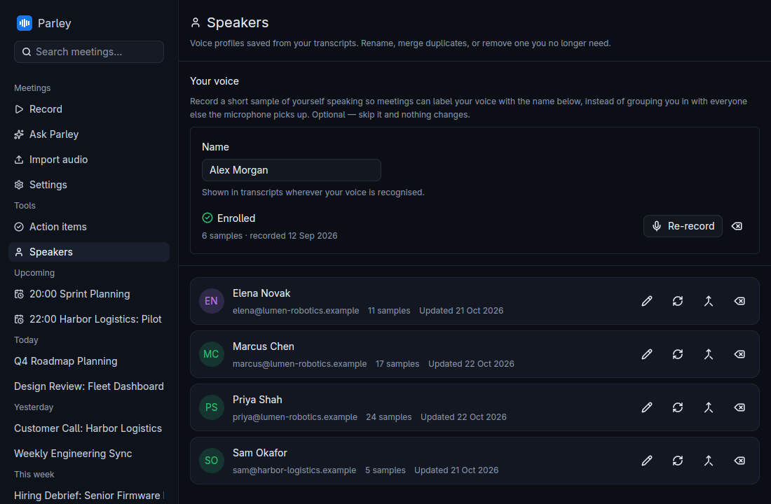 The Speakers page listing known voice profiles